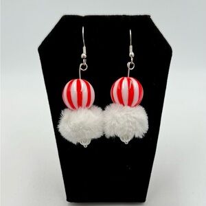 Candy Striped, Red and White Earrings with Fluffy Accents